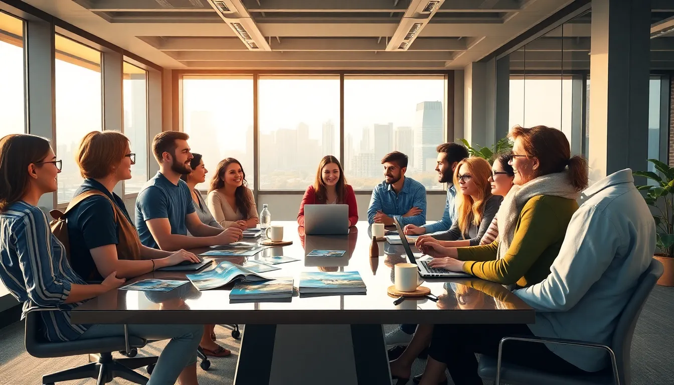 diverse travelers sharing insights about Australia in a modern workspace.