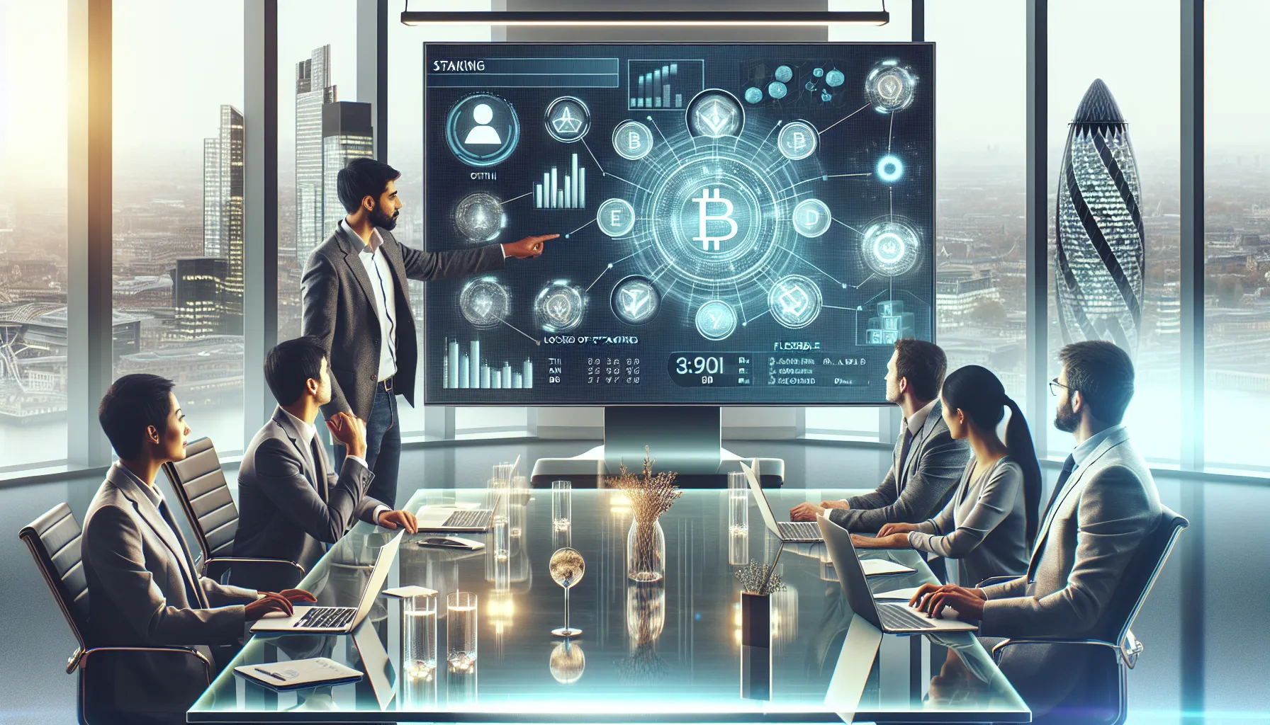 Professionals reviewing Binance staking options on digital displays in a modern office.