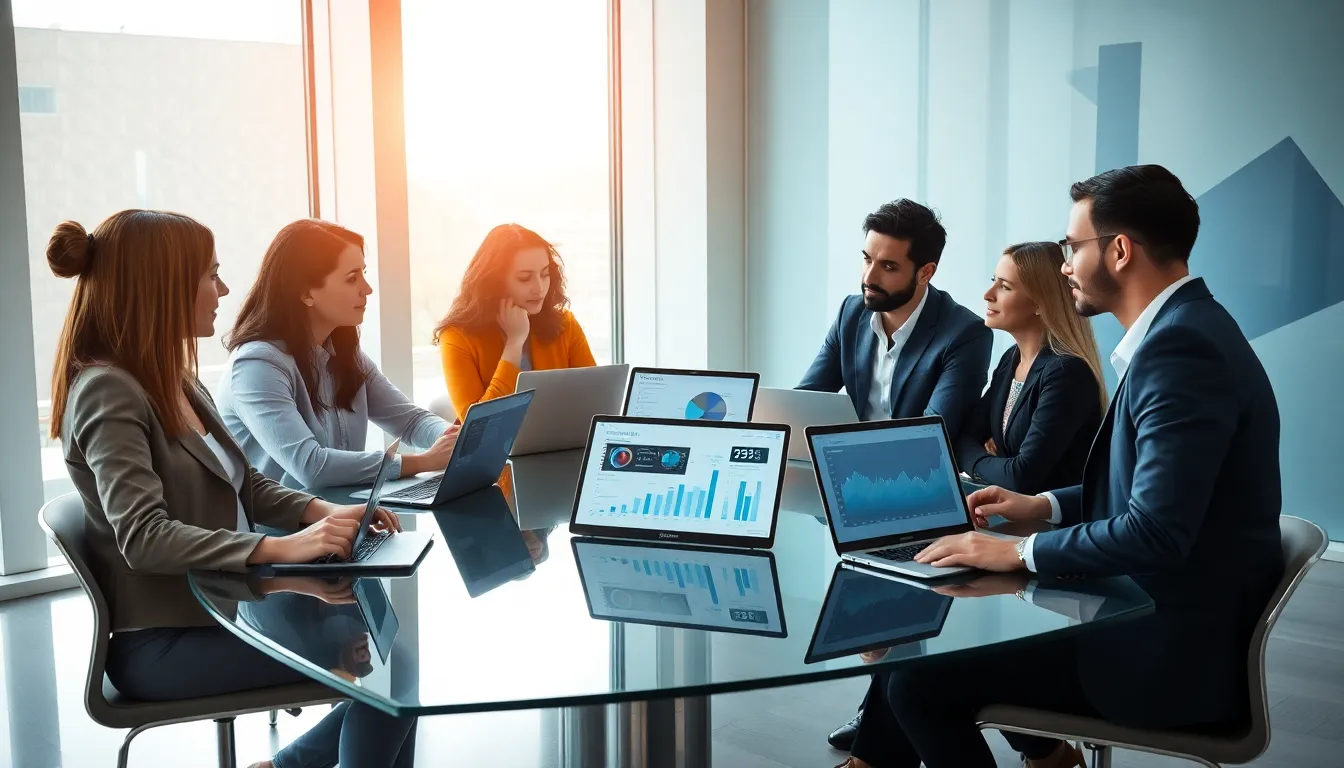 diverse team discussing technology in a modern office.