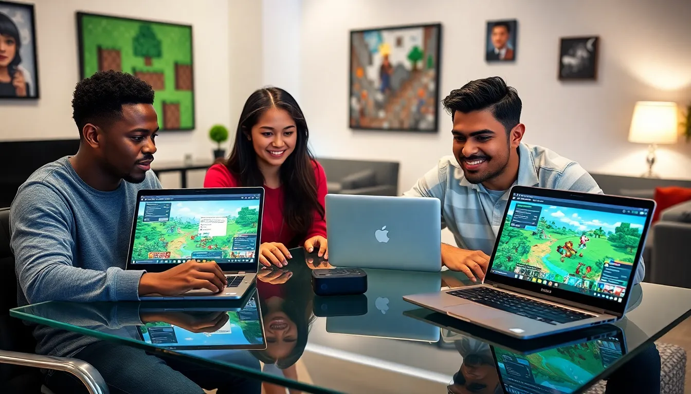 diverse gamers collaborating in Minecraft with chat features visible.