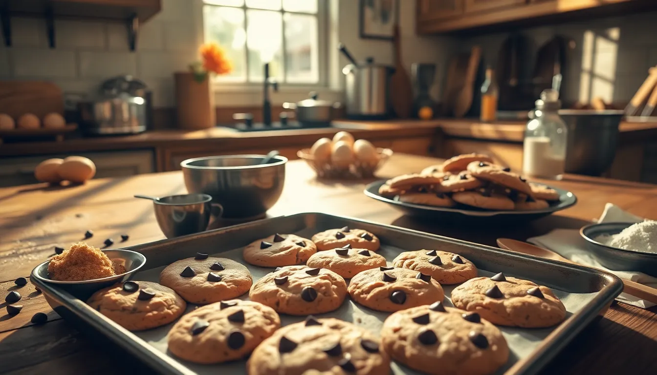 a tray of golden chocolate chip cookies cooling in a cozy kitchen.