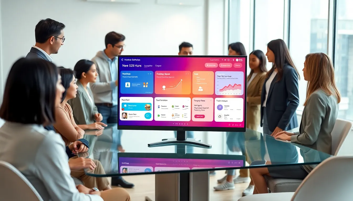 professionals discussing a digital platform in a modern office.