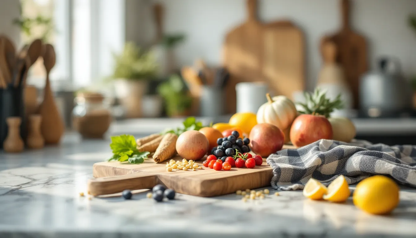 Naturally sweet Ayurvedic foods like sweet potato, dates, rice, and ghee on a wooden board.