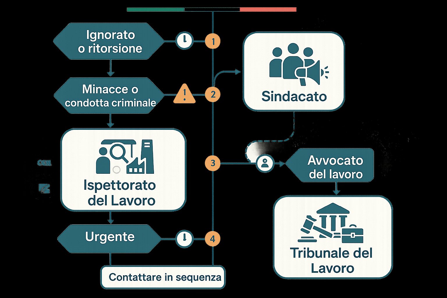 Diagramma di flusso che mostra quando e come escalare la discriminazione sul lavoro in Italia.