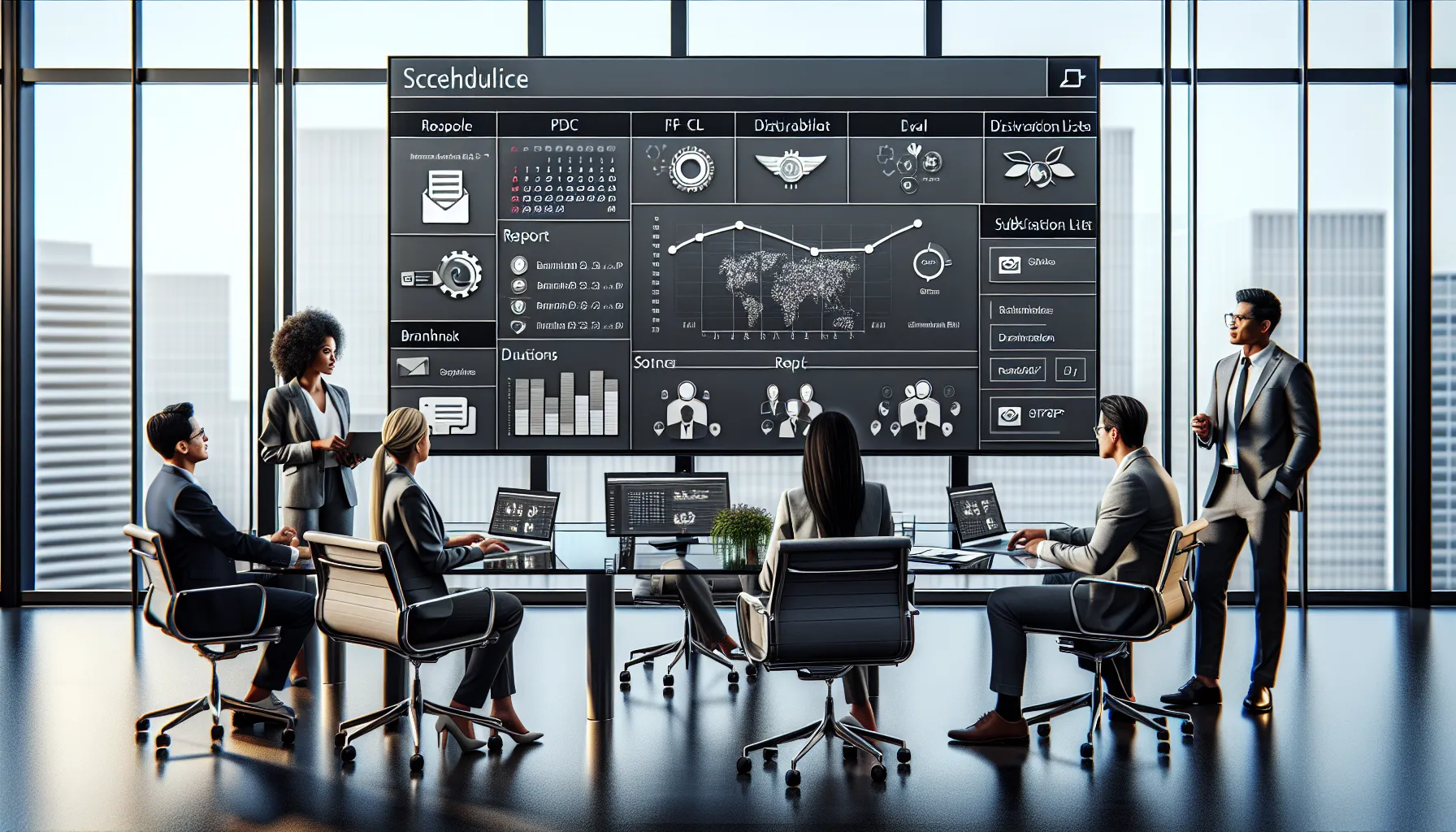 Analytics team reviewing enterprise Power BI report scheduling options on a large screen.