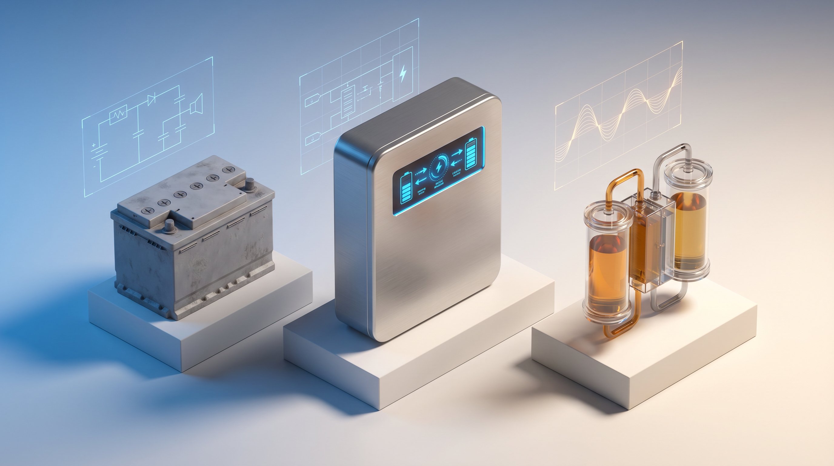3D render of three home battery backup systems showcasing lithium-ion, lead-acid, and flow battery technologies.