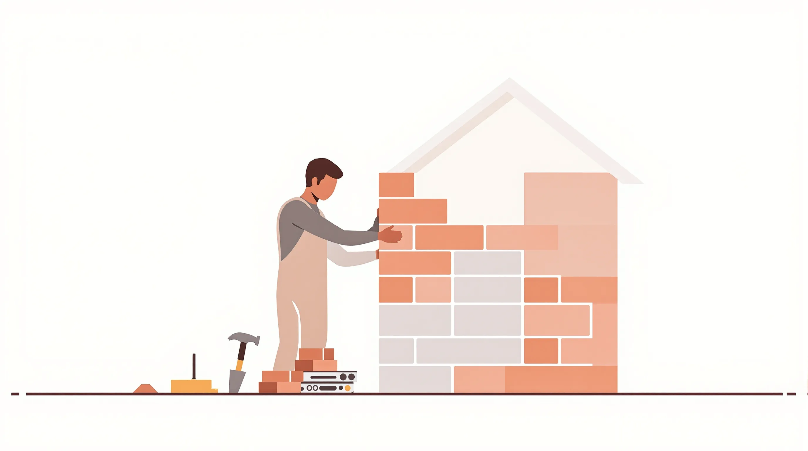 A person laying bricks on a simple house frame in minimalist flat style.