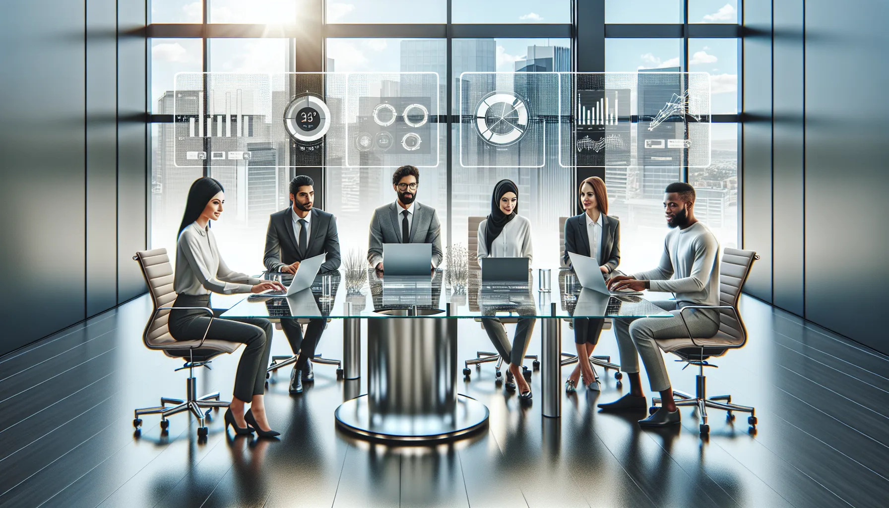 professionals collaborating in a modern office with digital tools.