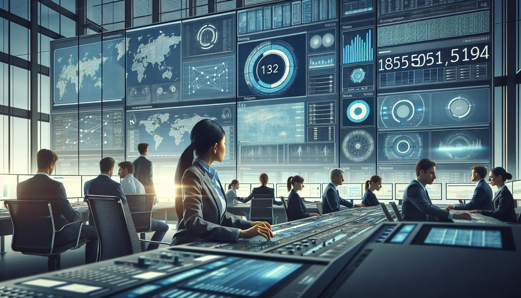 diverse professionals analyzing telecommunications data in a modern control room.