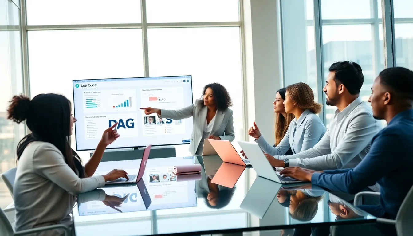 diverse team collaborating on low code development in a modern office.