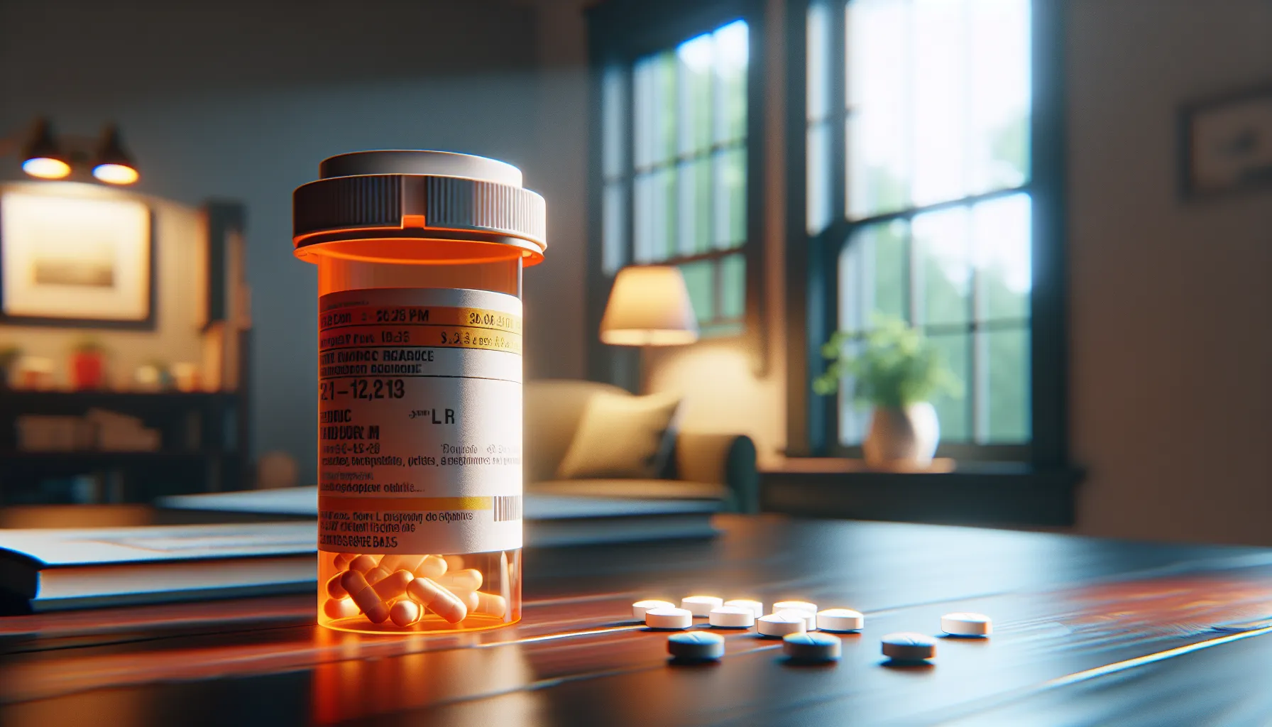 A prescription bottle of oxycodone with tablets on a wooden table.