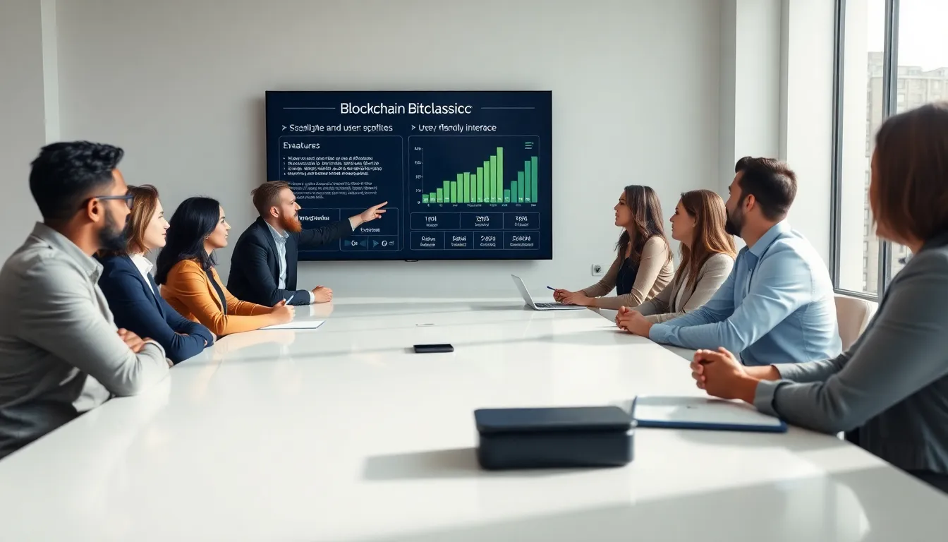 professionals discussing Blockchain Bitclassic in a modern office setting.