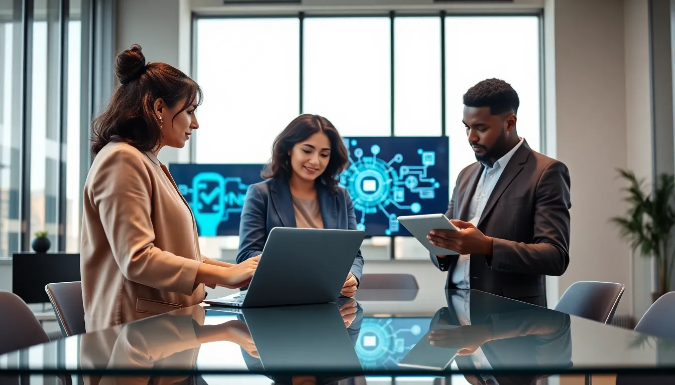 diverse team discussing tech solutions in a modern office.