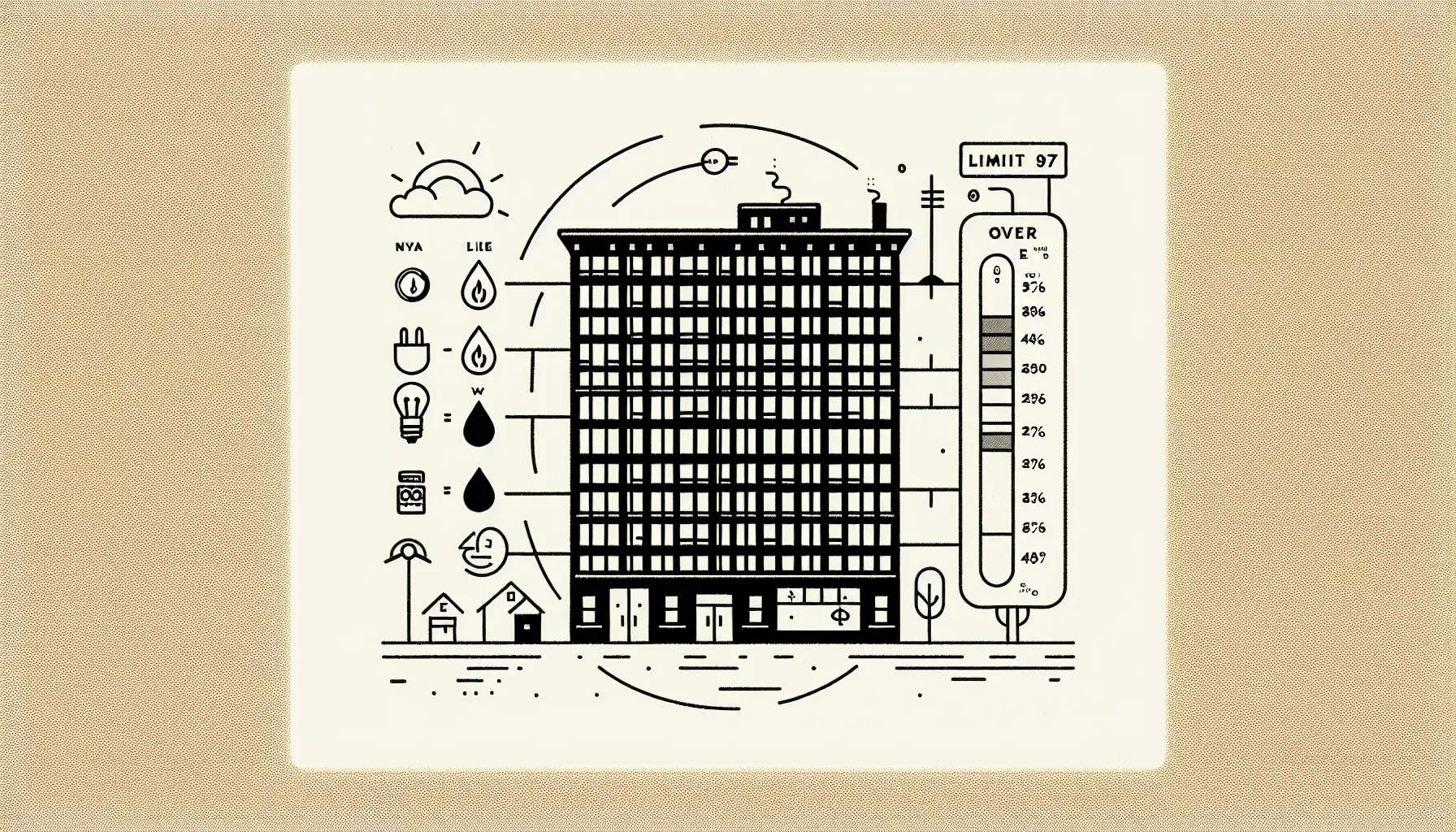 Line art of a NYC building with energy data flowing into an LL97 emissions gauge.