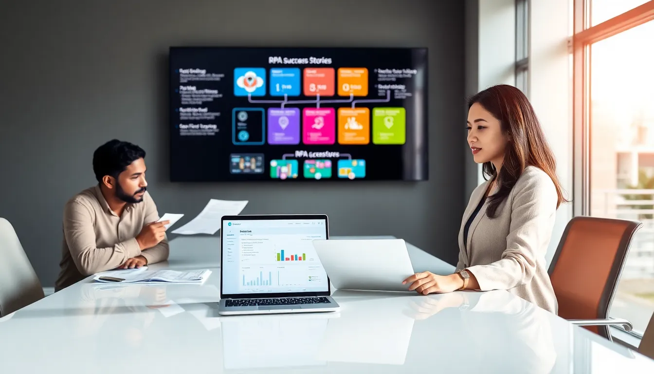 diverse team discussing RPA success stories in a modern office.