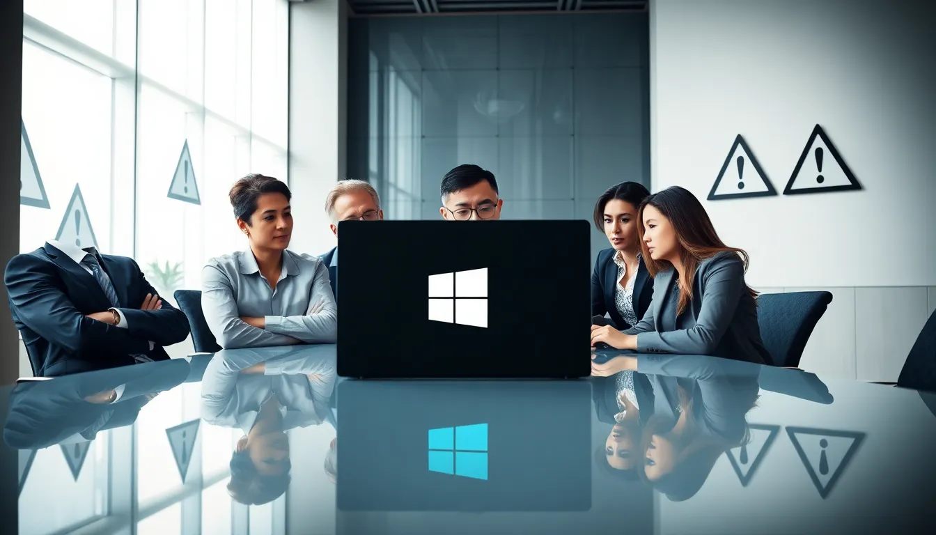 professionals discussing a laptop with a black screen in a modern office.