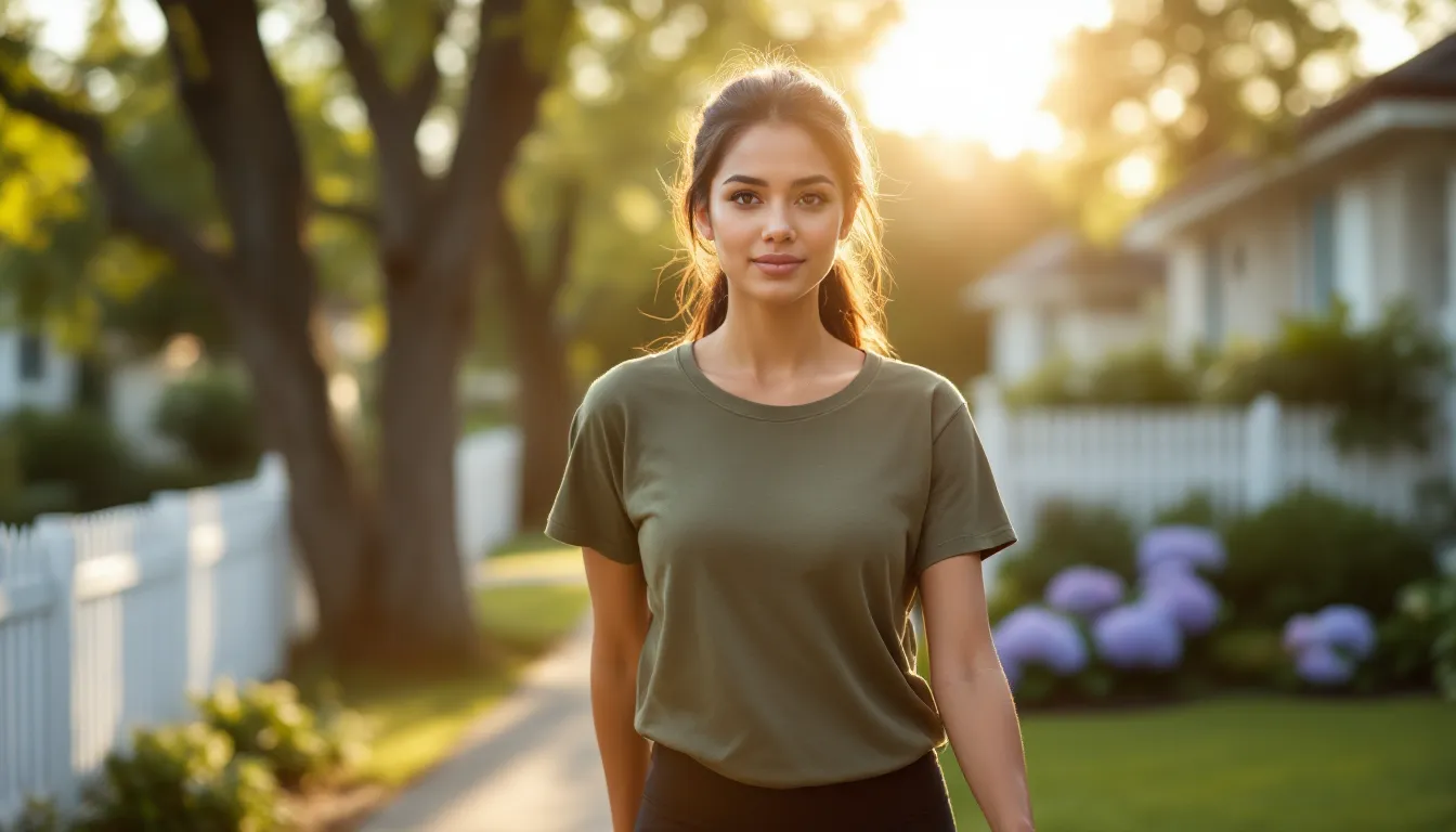 Woman taking a relaxed after-lunch walk on a tree-lined suburban sidewalk.
