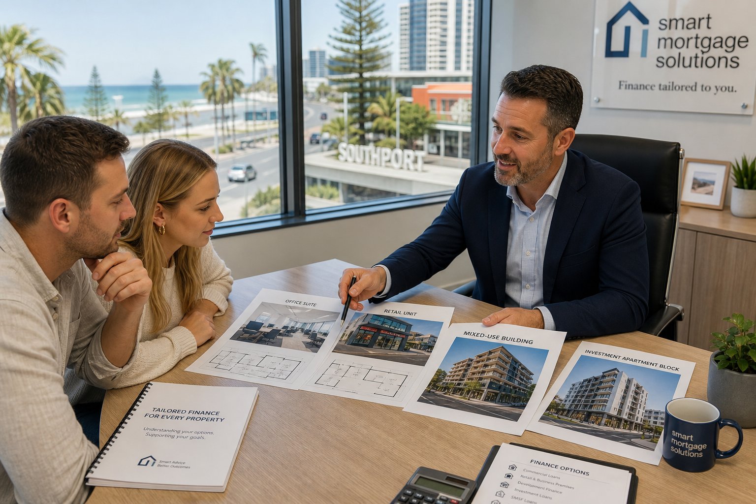 Mortgage adviser reviewing finance options for office, retail, mixed-use, and investment properties in a bright Southport office.