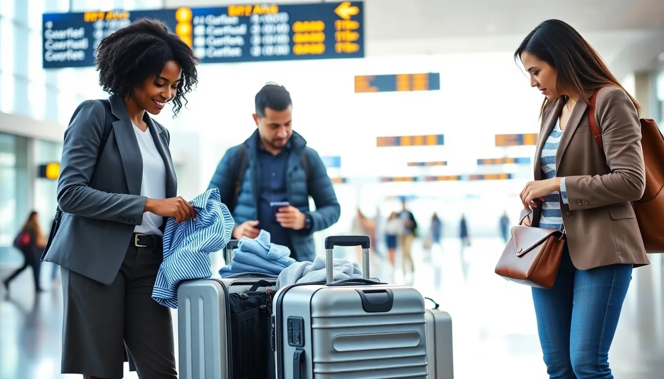 travelers demonstrating packing hacks in a contemporary airport terminal.