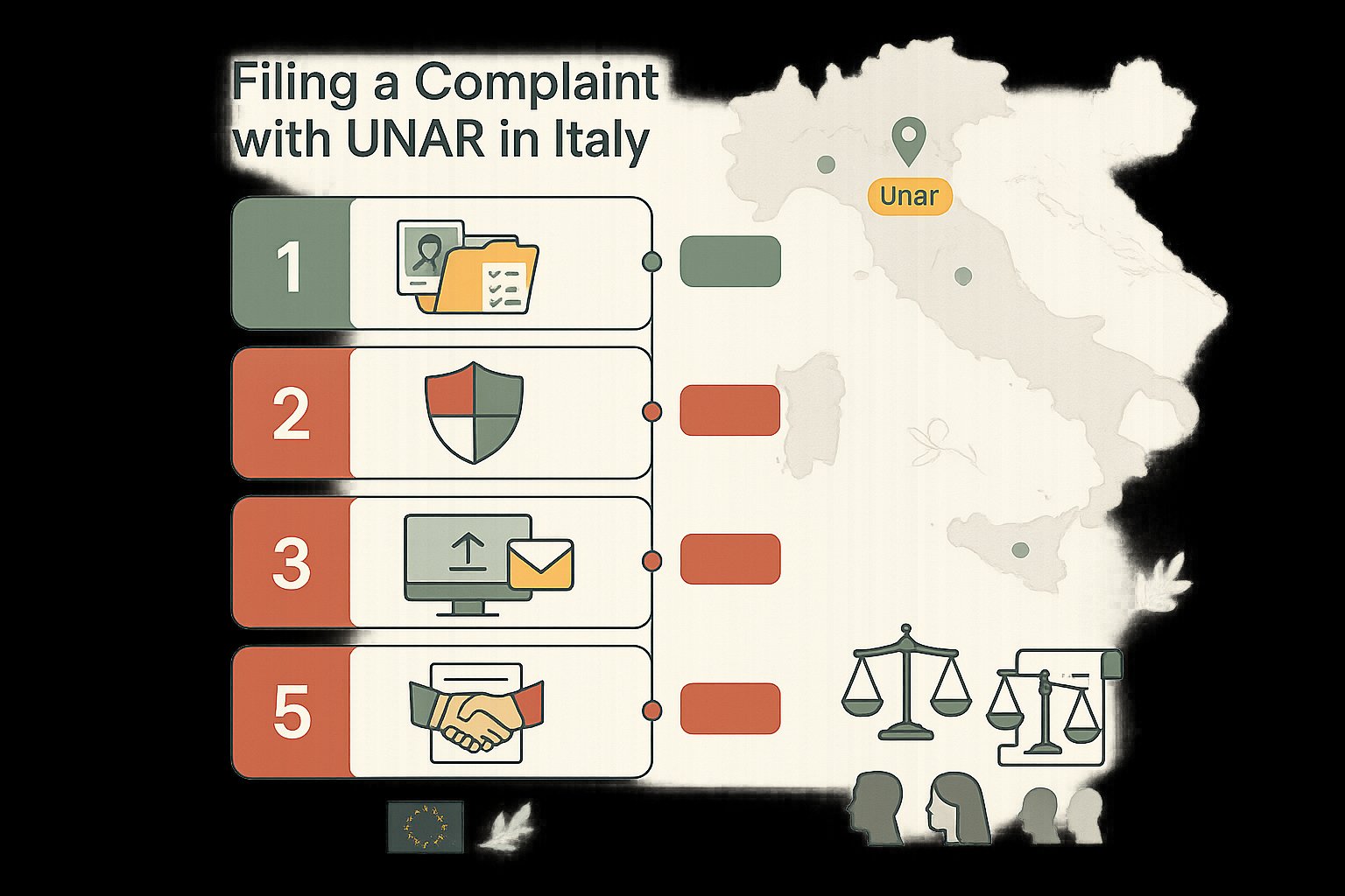 Infografica verticale a sei passaggi che mostra come presentare un reclamo UNAR in Italia.