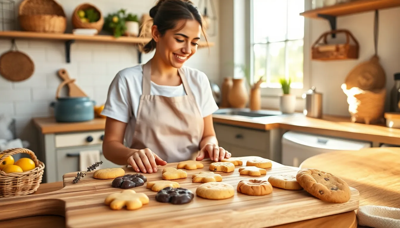 a baker making a variety of cookies in a cozy kitchen.