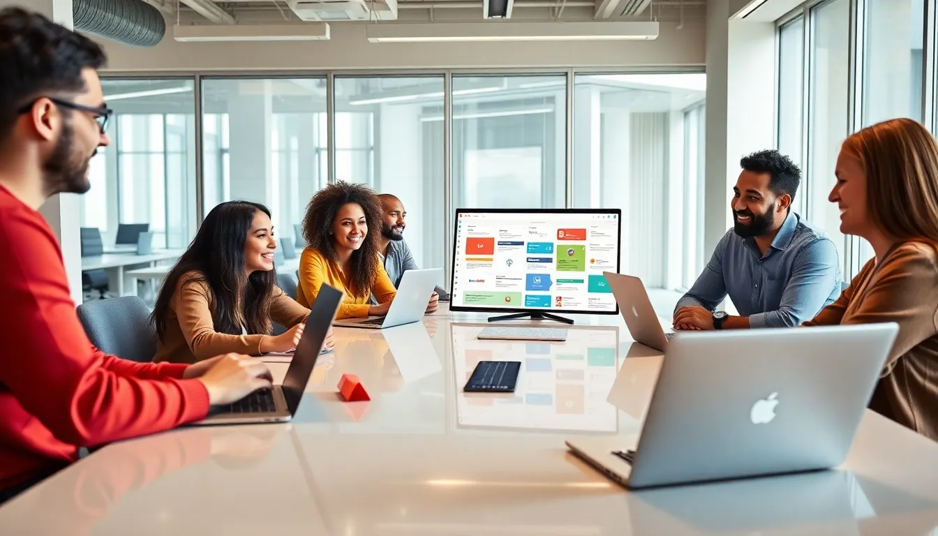 diverse team collaborating on low code no code platforms in a modern office.