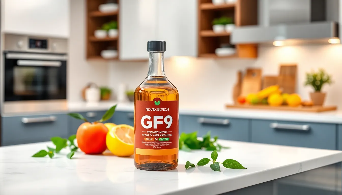 A bottle of Novex Biotech GF9 on a modern kitchen counter.