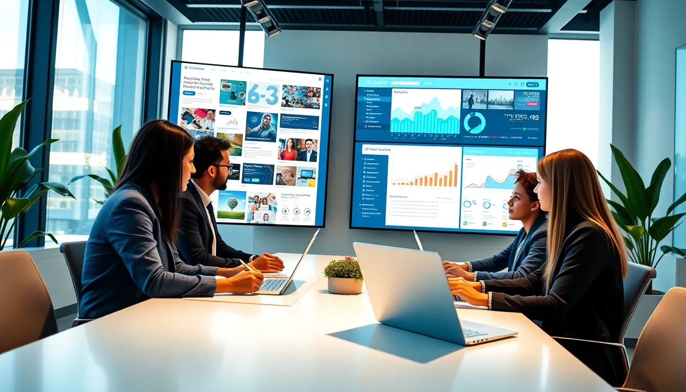 diverse team collaborating on curated content in a modern workspace.
