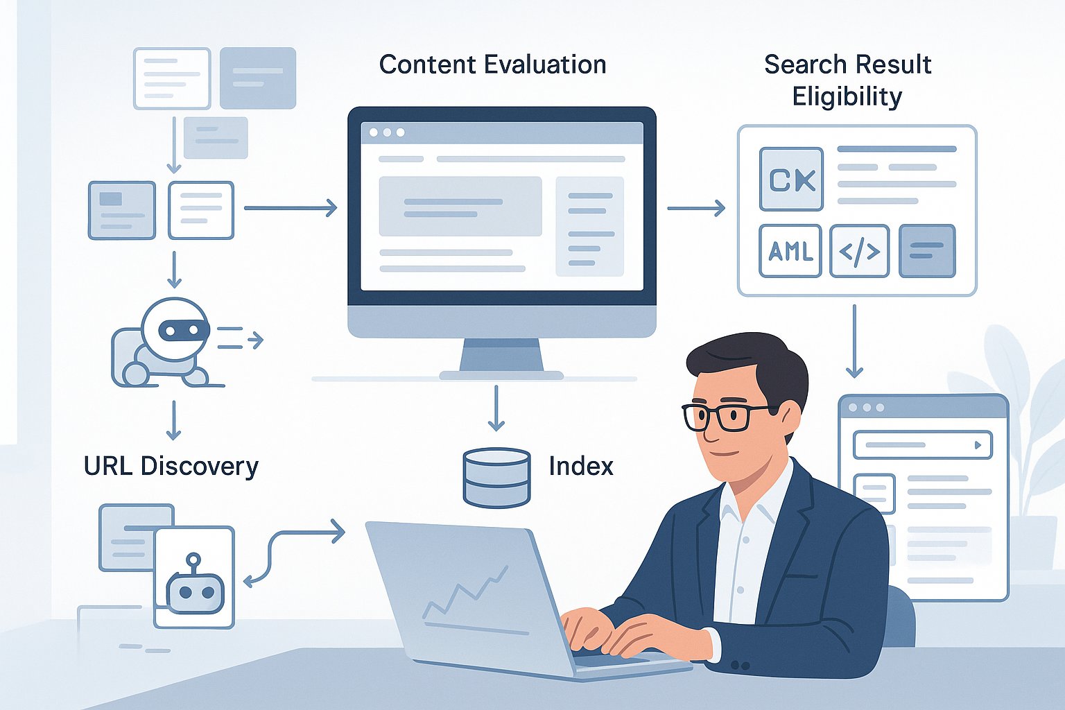 SEO professional reviewing search engine crawling and indexing workflow dashboard.