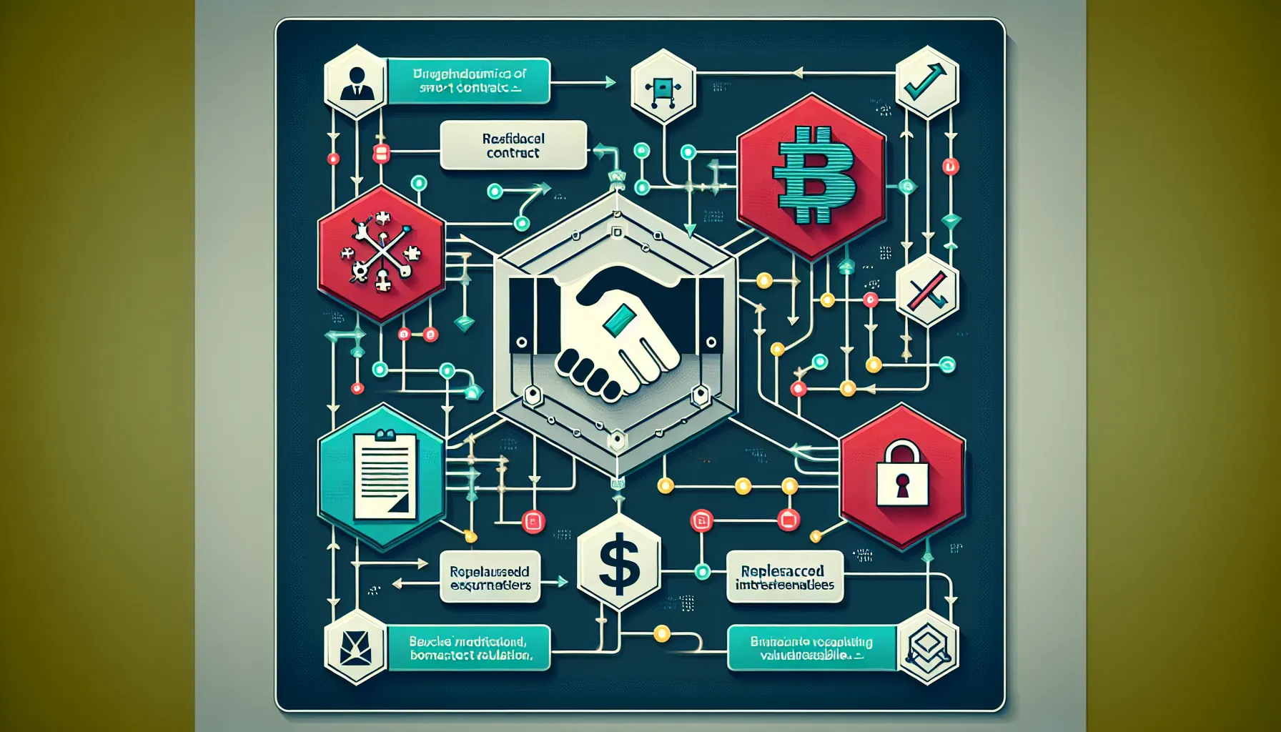 Flowchart showing smart contract operation from traditional contracts through blockchain execution to outcomes.