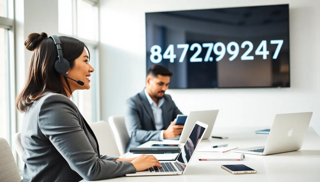professionals discussing in a modern office with a toll-free number display.