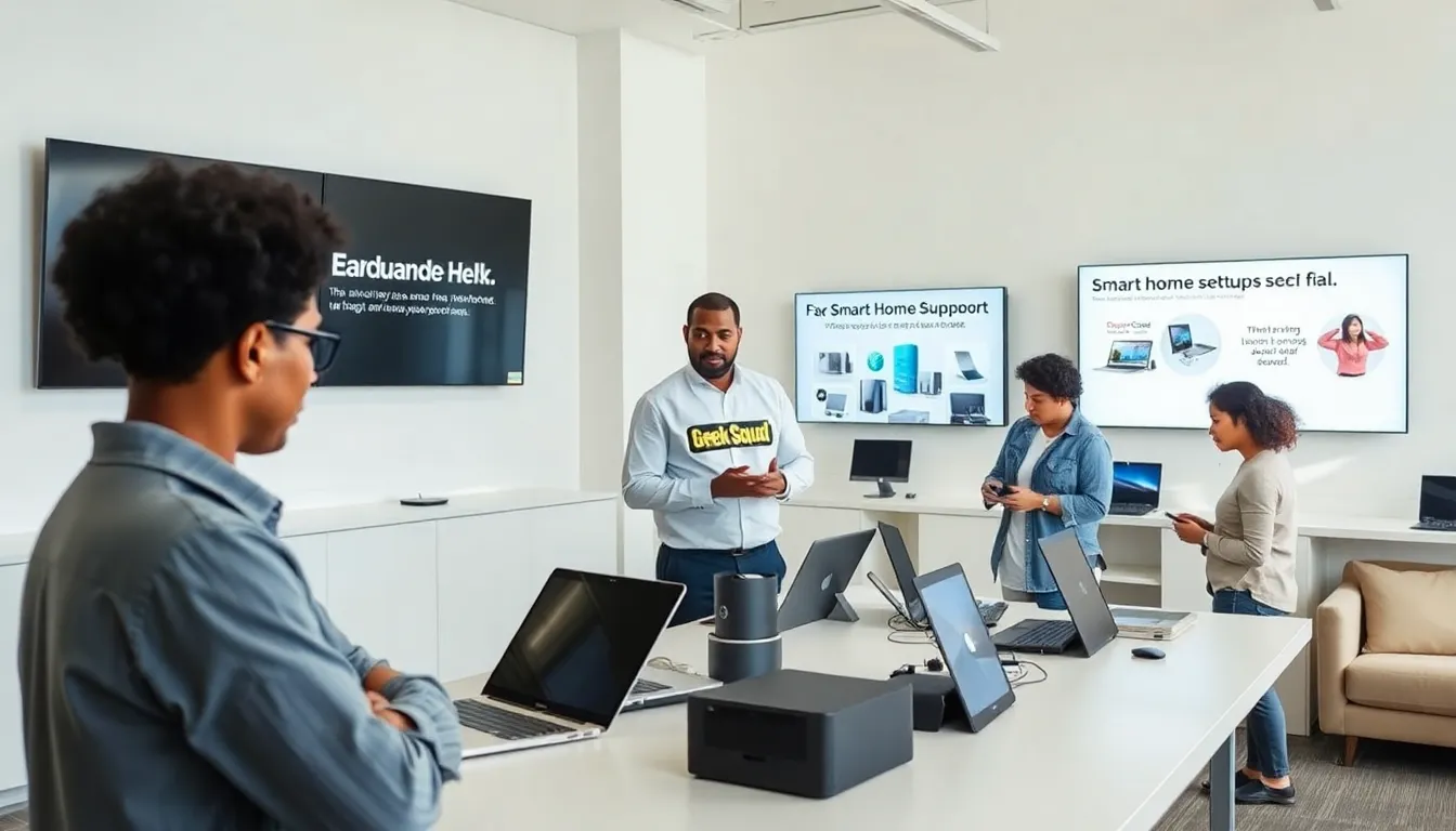 Geek Squad agent assisting customers with tech products in a modern office.