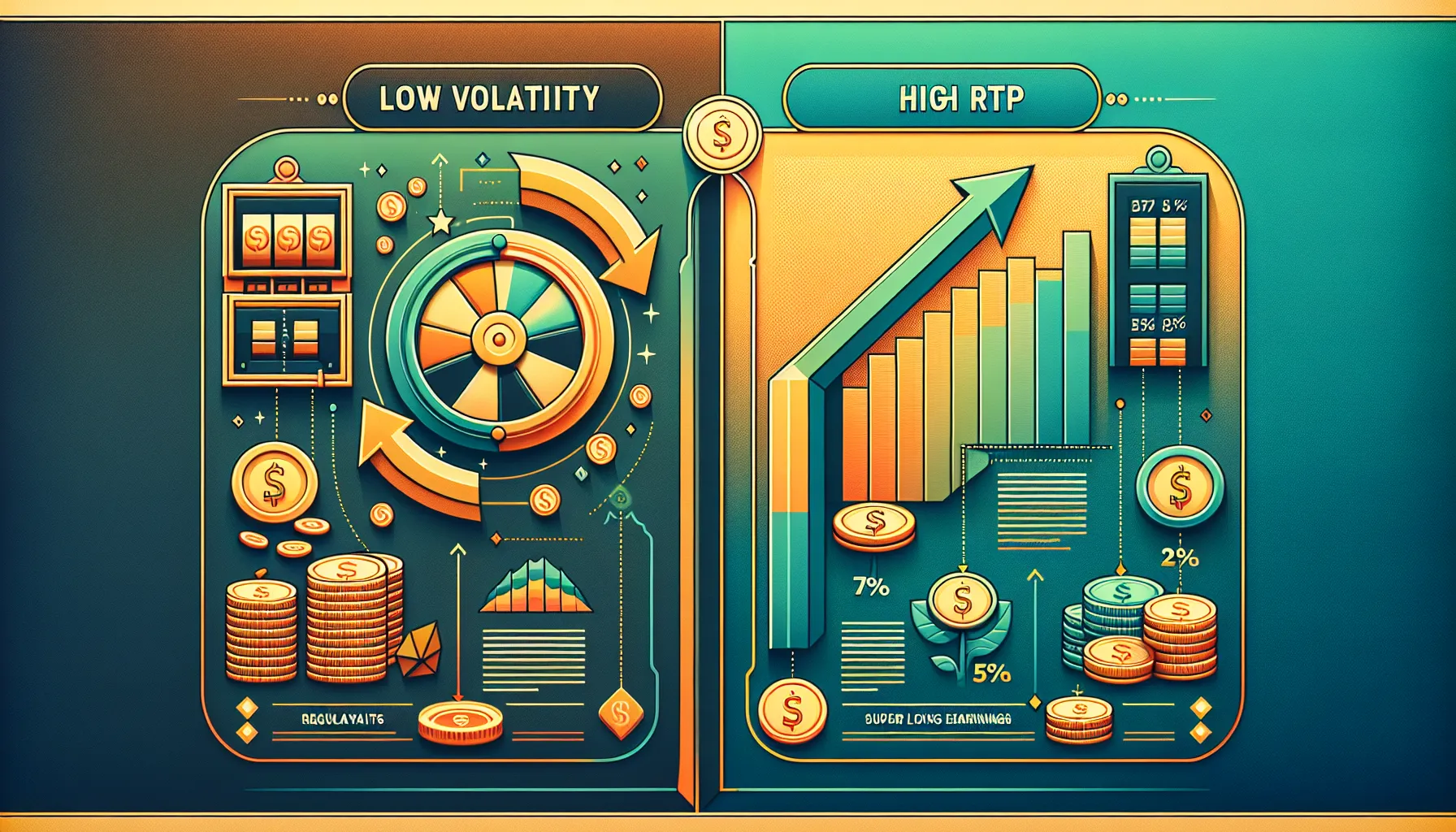 Visual comparison of low volatility and high RTP in slot games.