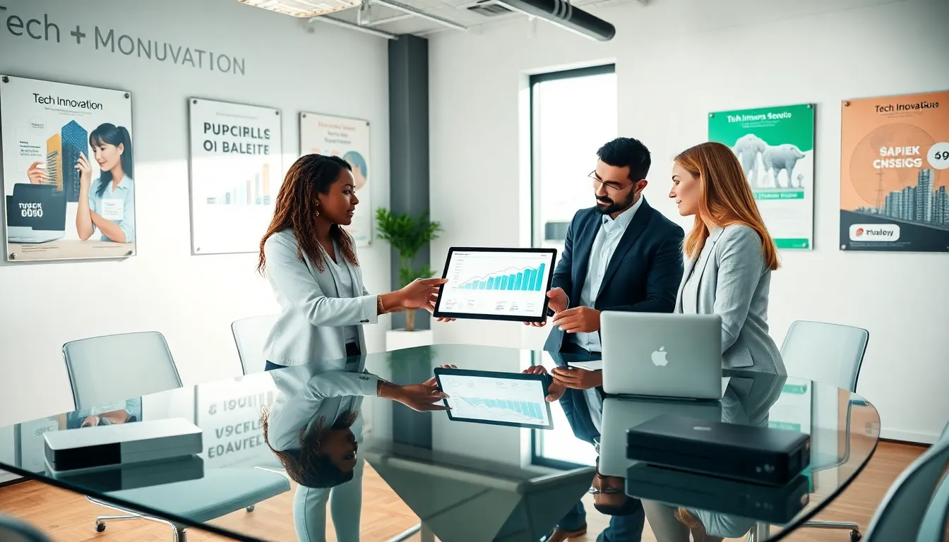 diverse team collaborating in a modern office on tech solutions.