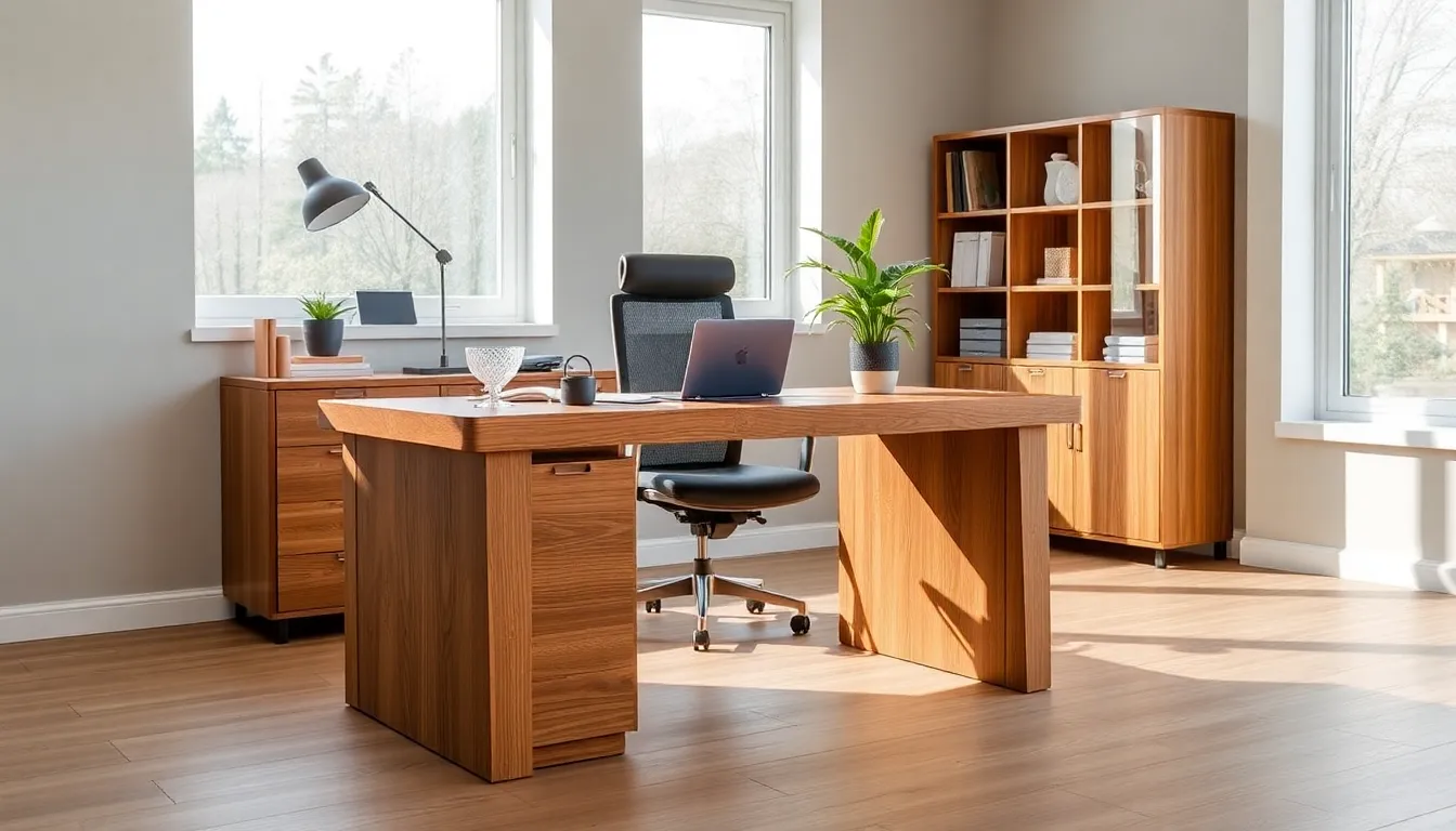modern wood home office desk in a stylish workspace.