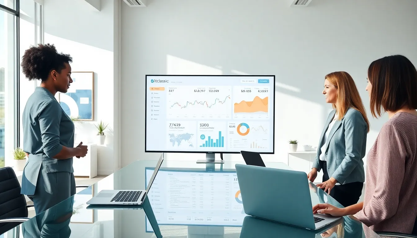 diverse professionals collaborating on blockchain technology in a modern office.