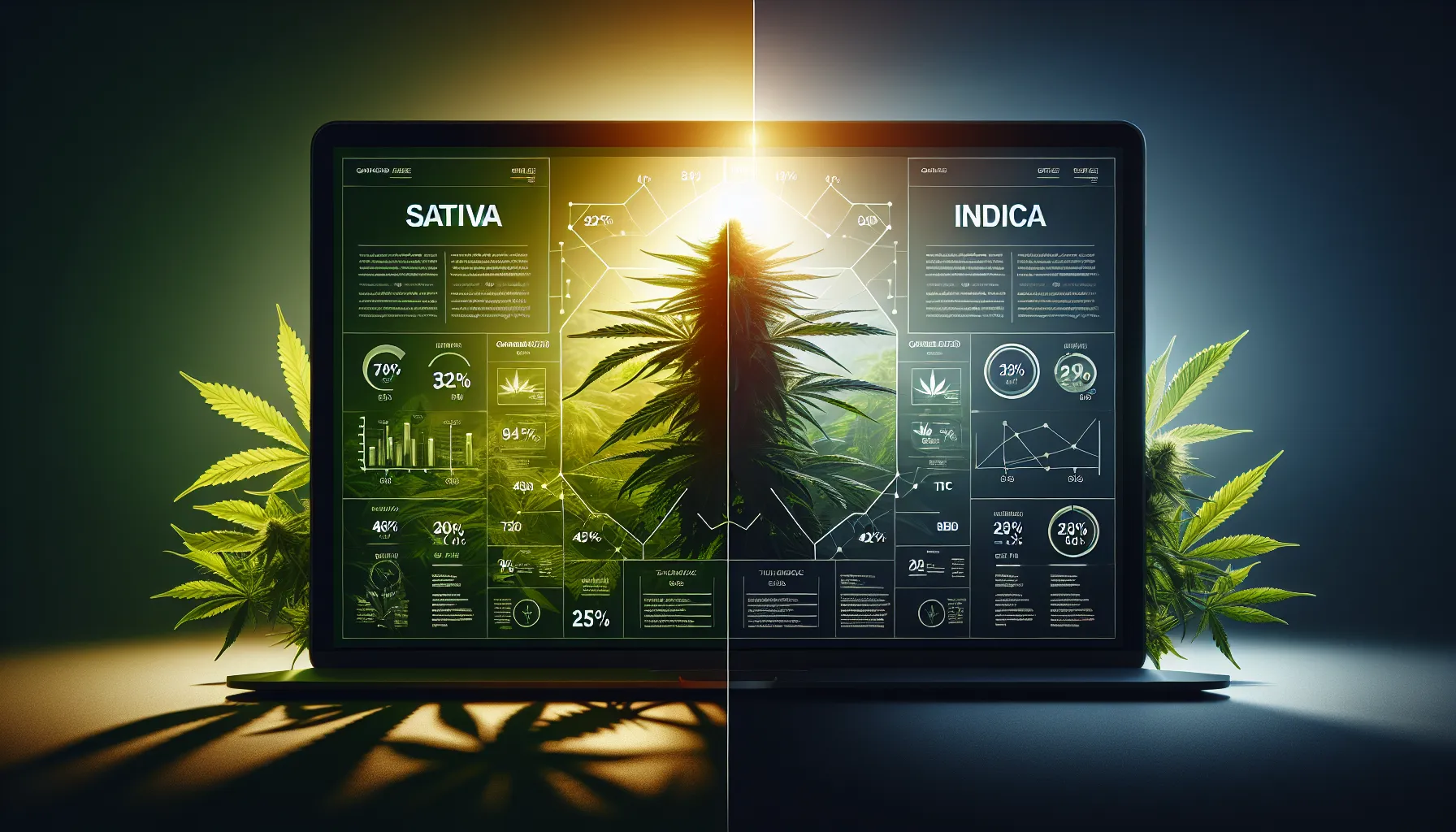 Visual comparison of Sativa and Indica cannabis plants with cannabinoid details.