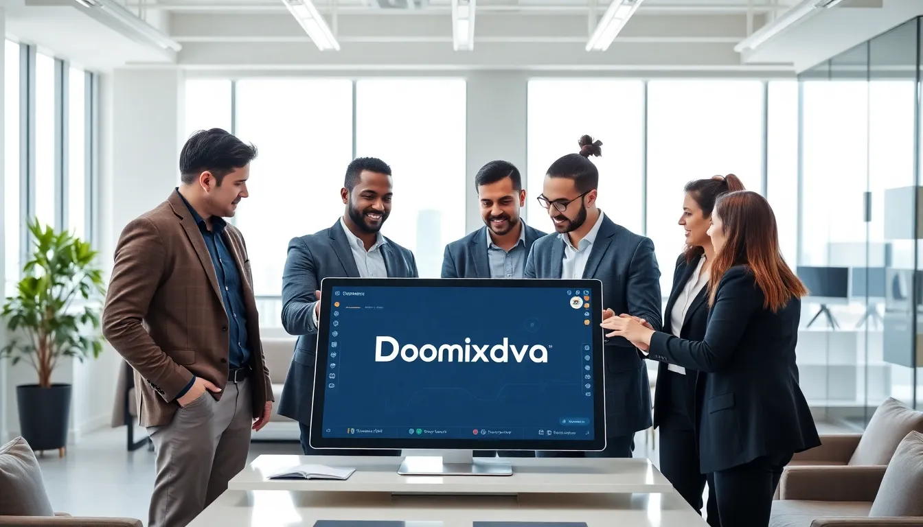 diverse team collaborating around digital tools in a modern office.