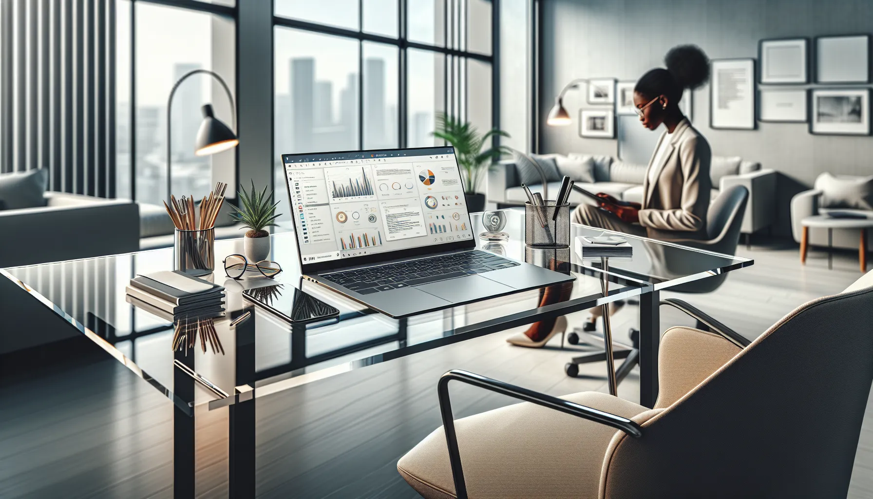 professionals discussing in a modern workspace with a 14-inch laptop.