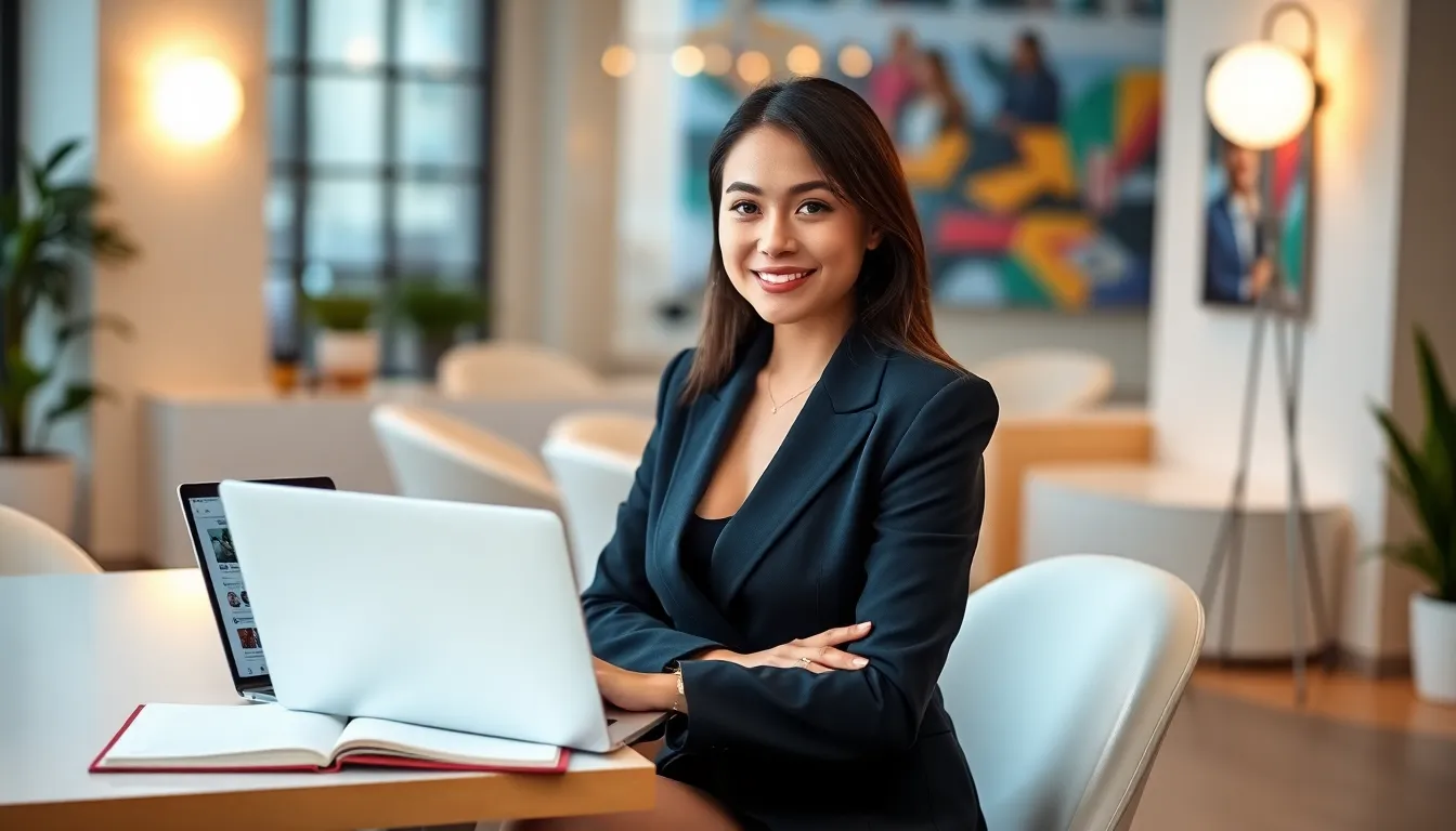 young woman in a modern workspace discussing social media storytelling.