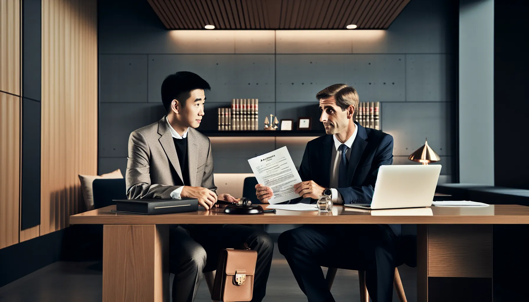 Croatian client consulting with lawyer about family law documentation in professional office setting