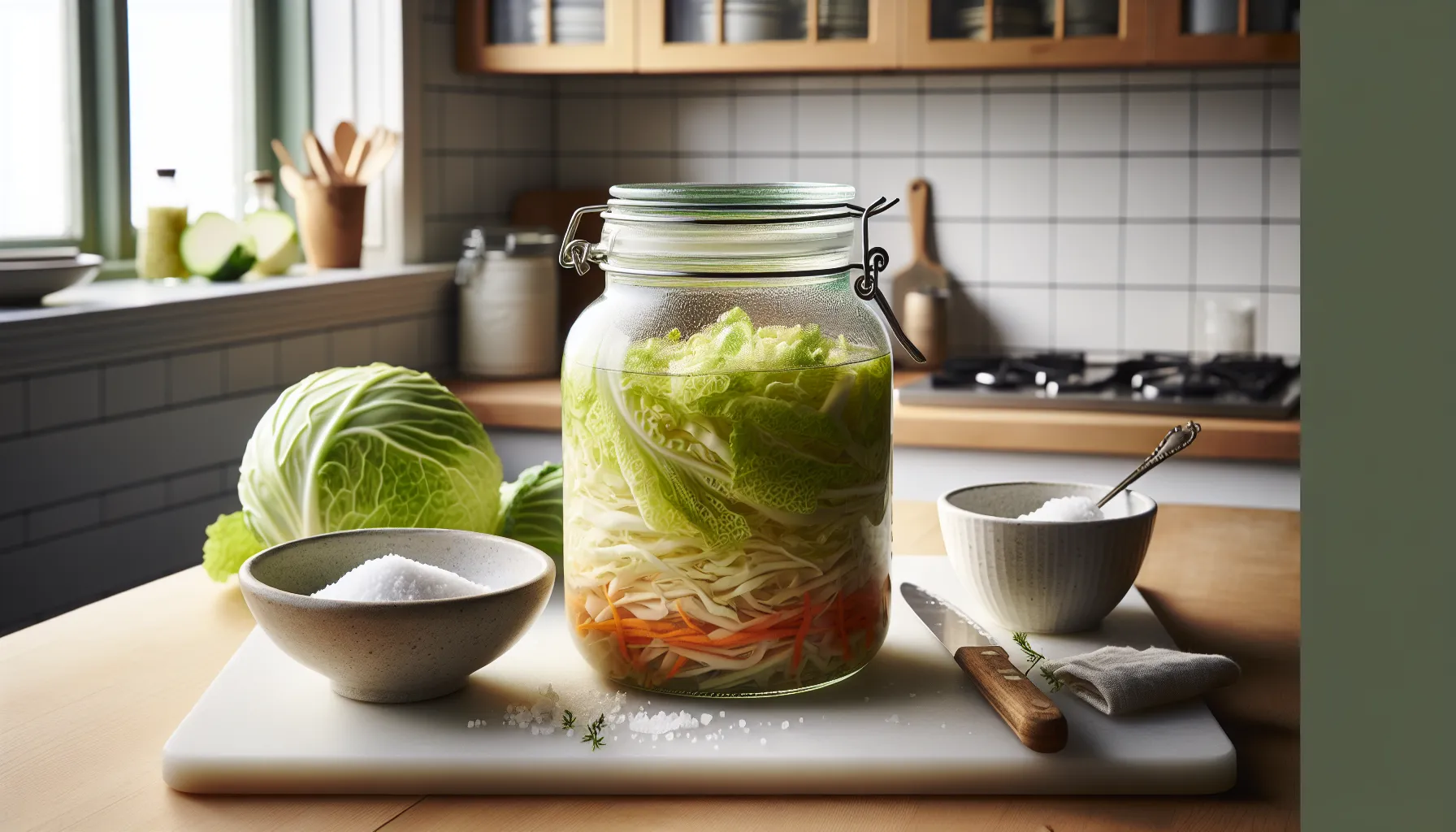 Fermenting vegetables in a glass jar with brine and bubbles, nordic kitchen.