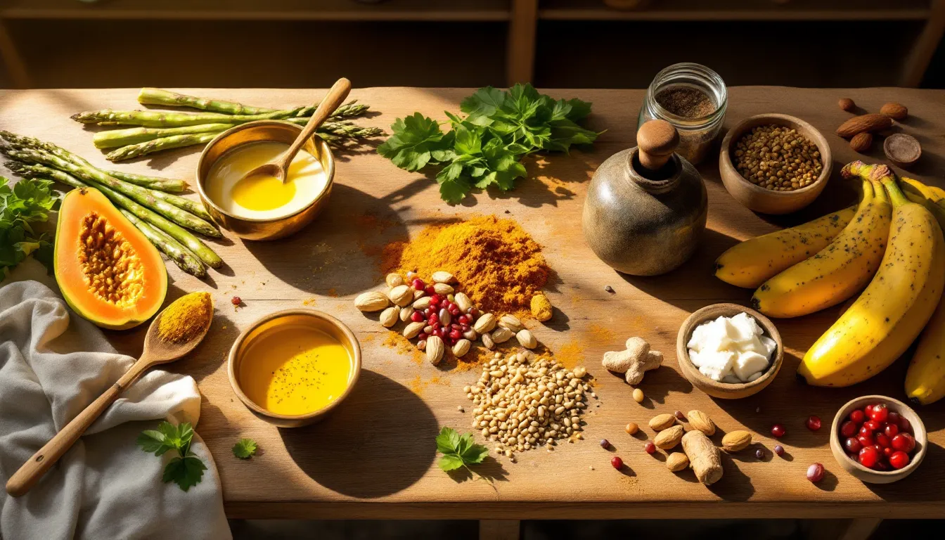 Overhead spread of ghee, turmeric, fermented foods, and fresh produce on a wooden table.