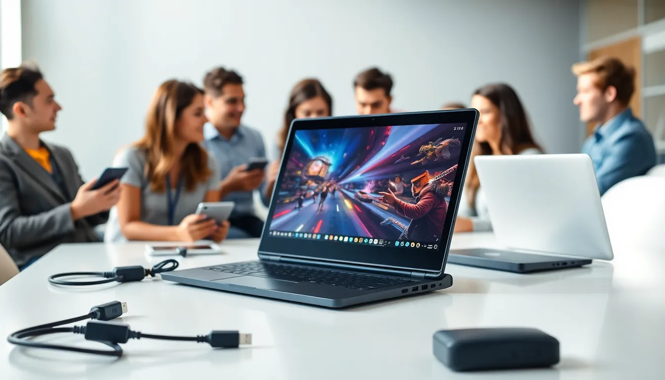 Lenovo Legion Go with ports displayed in a collaborative office setting.