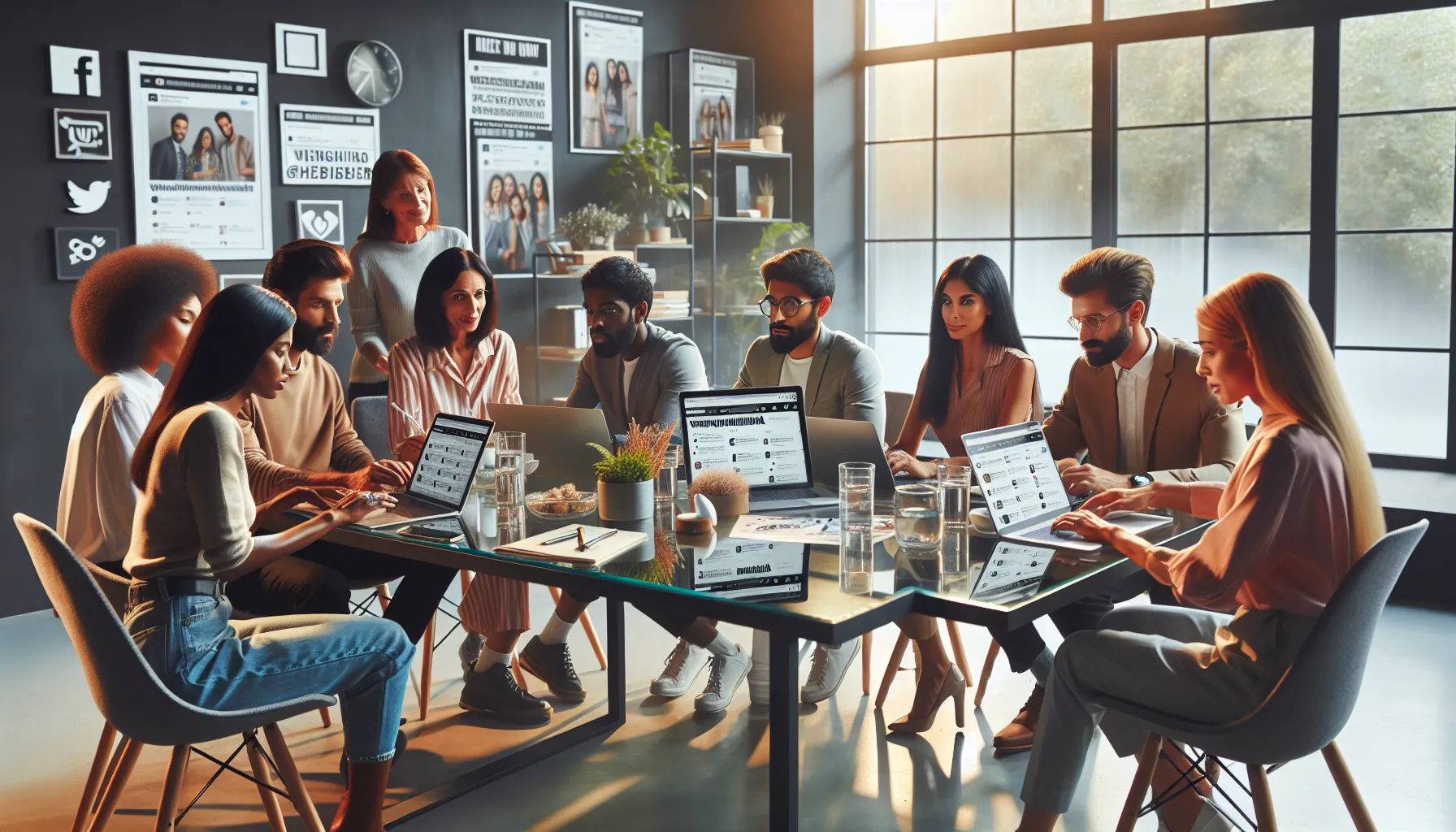 diverse team discussing popular show in a modern office.