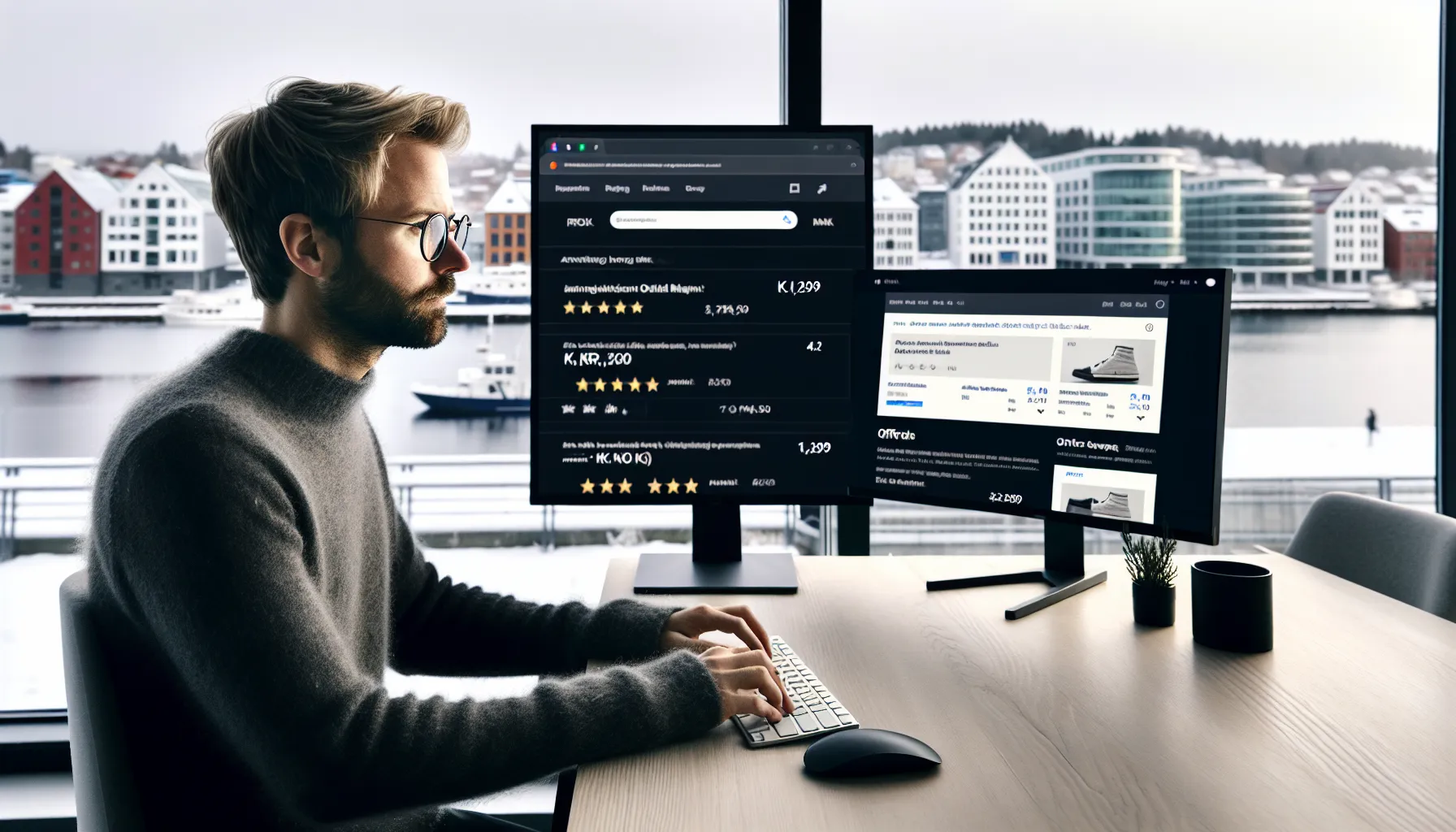 Hvordan bruke schema markup for å forbedre synligheten din 3 Norwegian marketer reviewing rich search results and json-ld schema on dual monitors.