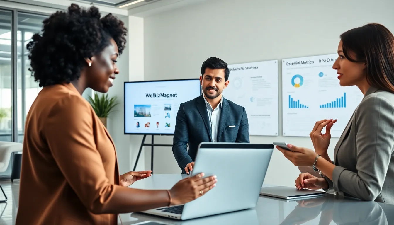 Team collaborating in a modern office with WebBizMagnet on display.
