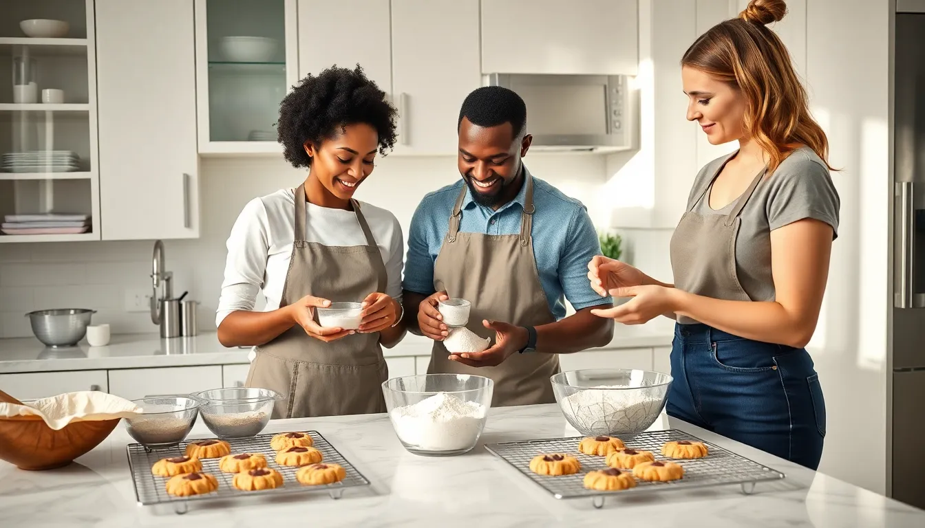 diverse bakers measuring flour in a modern kitchen while baking cookies.