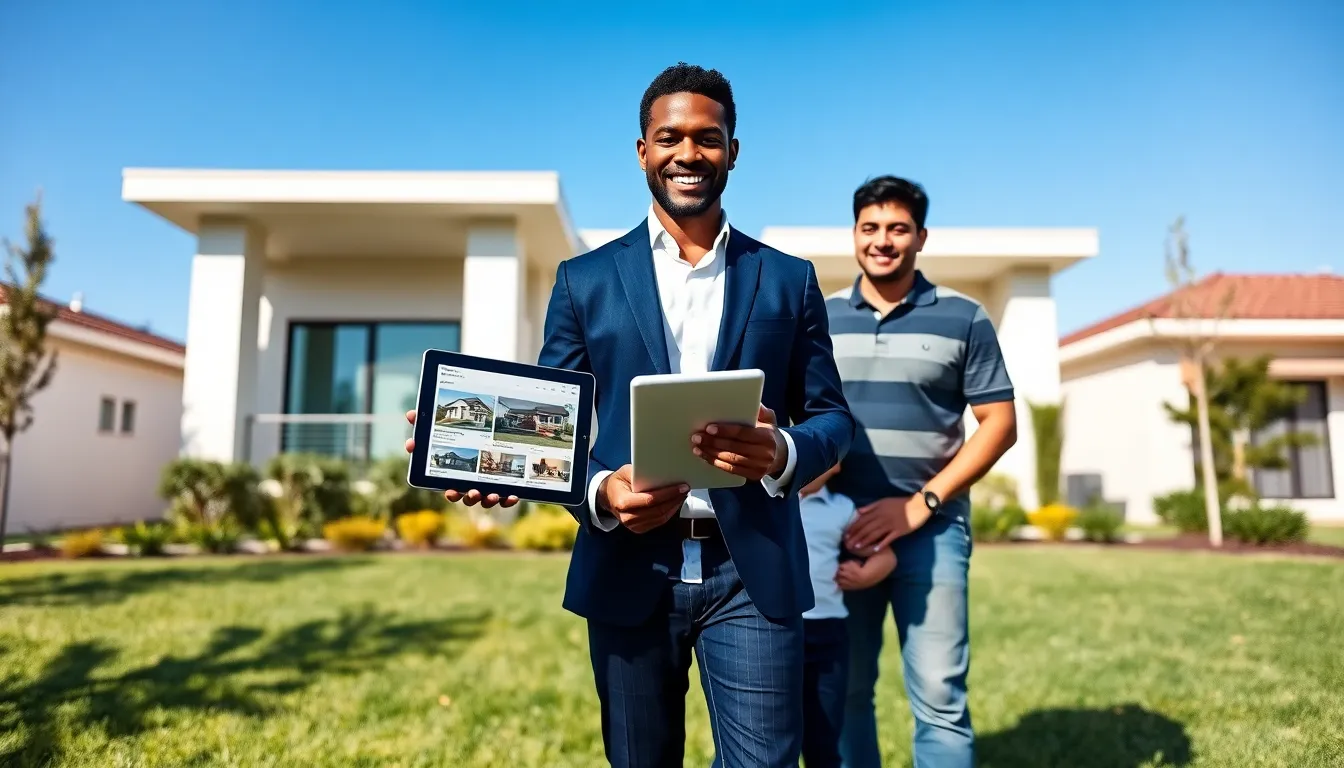 A real estate agent helps a family in front of a modern home.