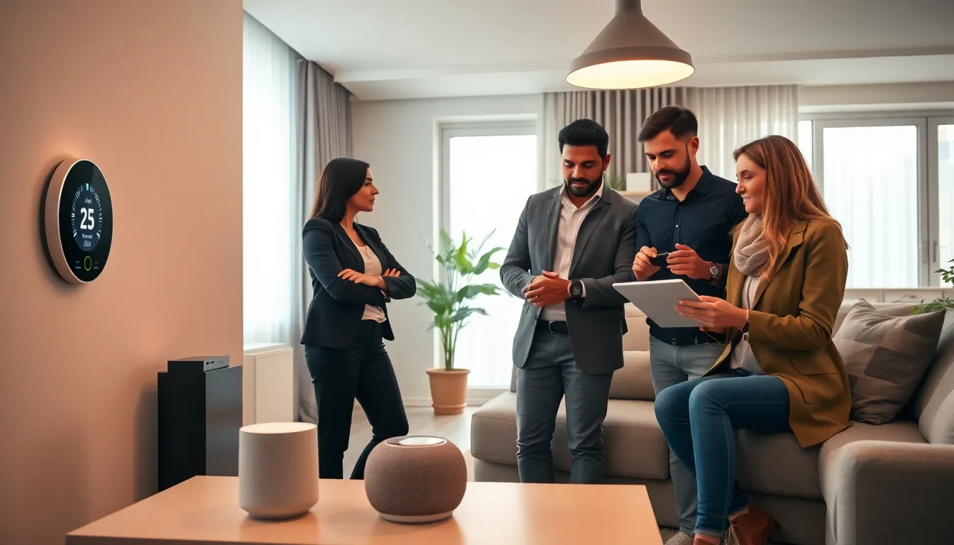 professionals collaborating in a smart home with IoT devices.